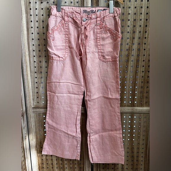 Miss Me Pants - EUC MISS ME Peach Linen Cargo Drawstring Wide Leg Silver Embroidered Pants